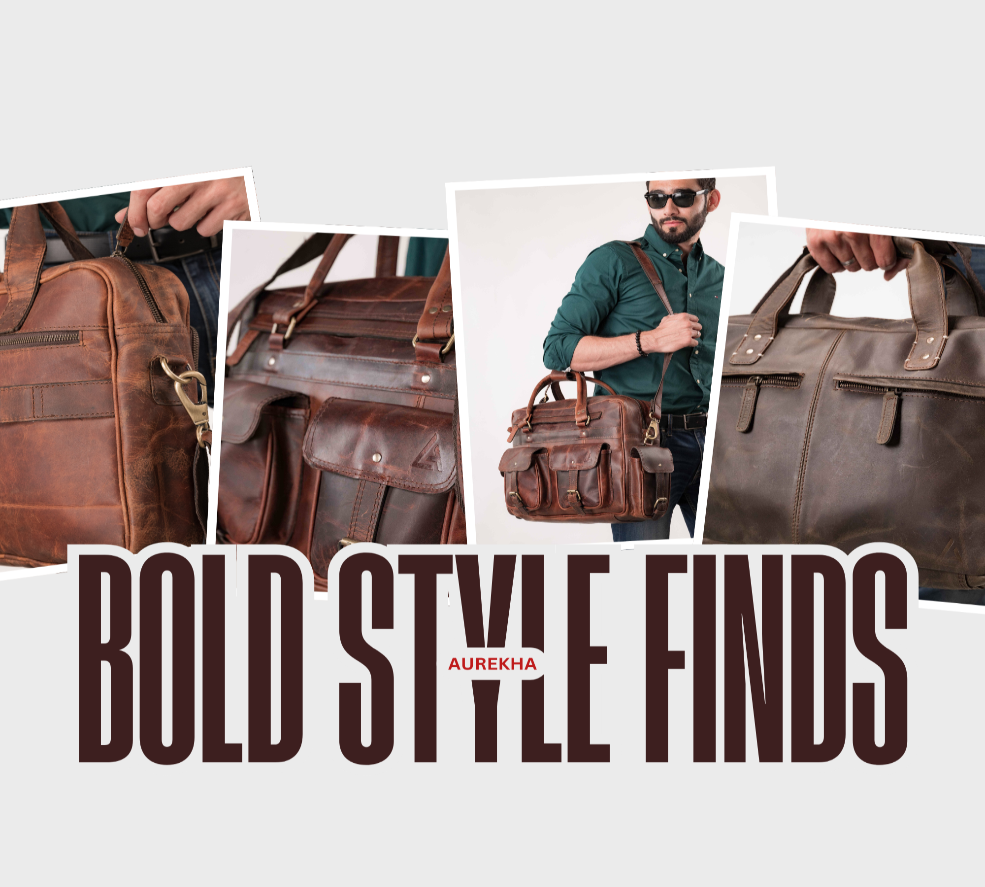 Collage of brown leather bags with a person holding one, featuring the brand 'Aurekha'.