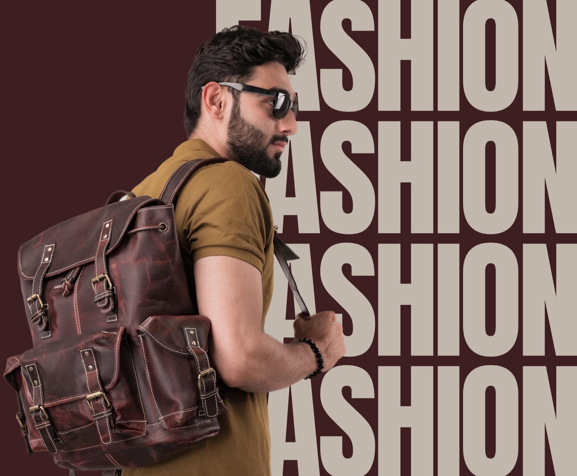 Man with a brown leather backpack against a 'FASHION' text background