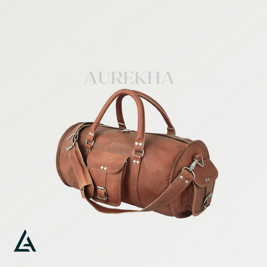 Handcrafted 18 Inch Leather Round Duffle Bag | Aurekha - Aurekha