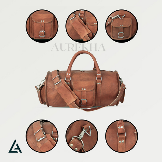 Handcrafted 18 Inch Leather Round Duffle Bag | Aurekha - Aurekha