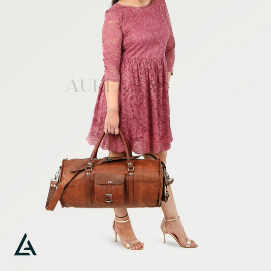 Handcrafted 18 Inch Leather Round Duffle Bag | Aurekha - Aurekha