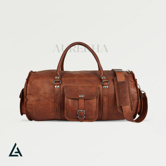 Handcrafted 18 Inch Leather Round Duffle Bag | Aurekha - Aurekha