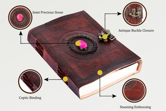 Handcrafted 7x5 Inch Leather Journal with Pink Stone – Plain White Pages | Aurekha - Aurekha